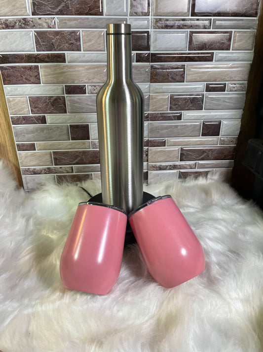 Stainless Steel Wine Bottle & Two 12 oz Pink Tumbler Set